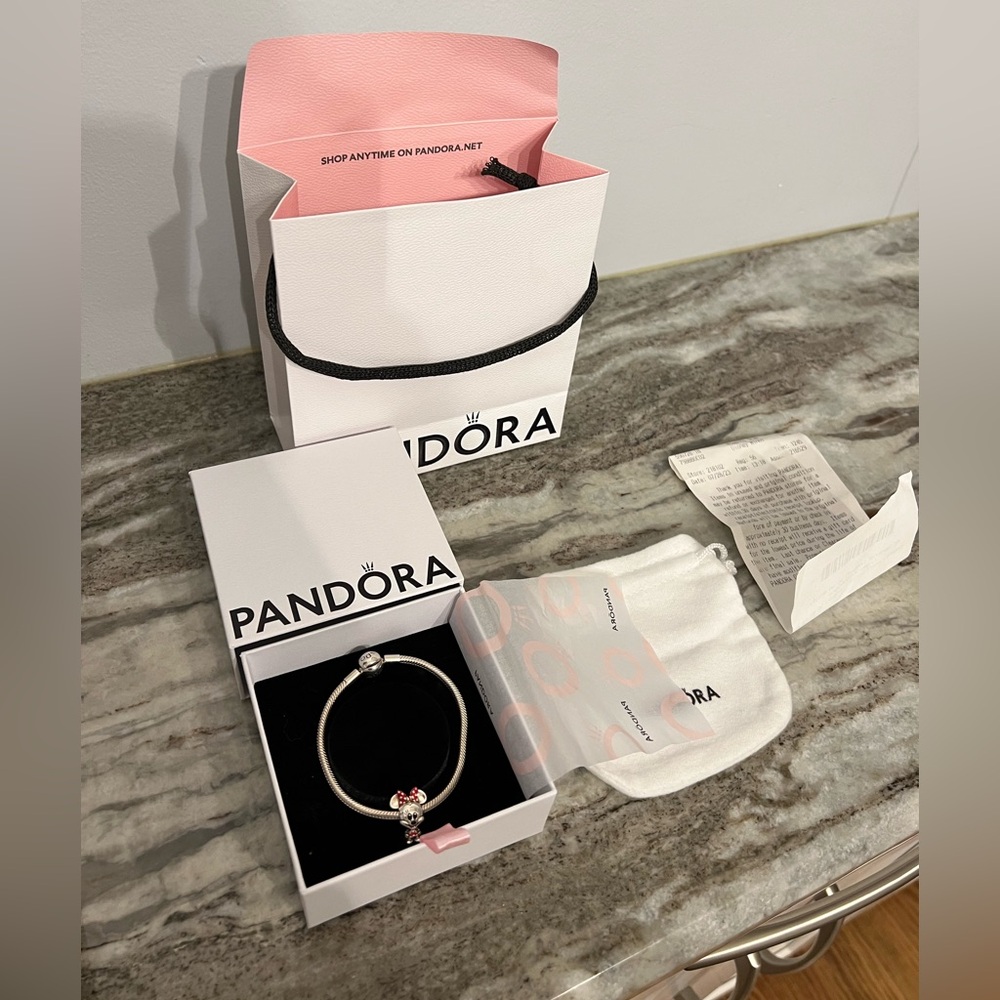 NEW Pandora Moments Snake Bracelet & Disney Minnie Mouse Dotted Dress &Bow Charm